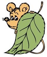 brown mouse behind a green leaf as a graphic illustration