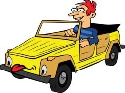 Cartoon man Driving Car with stick out tongue