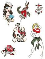 colorful tattoos on a white sheet