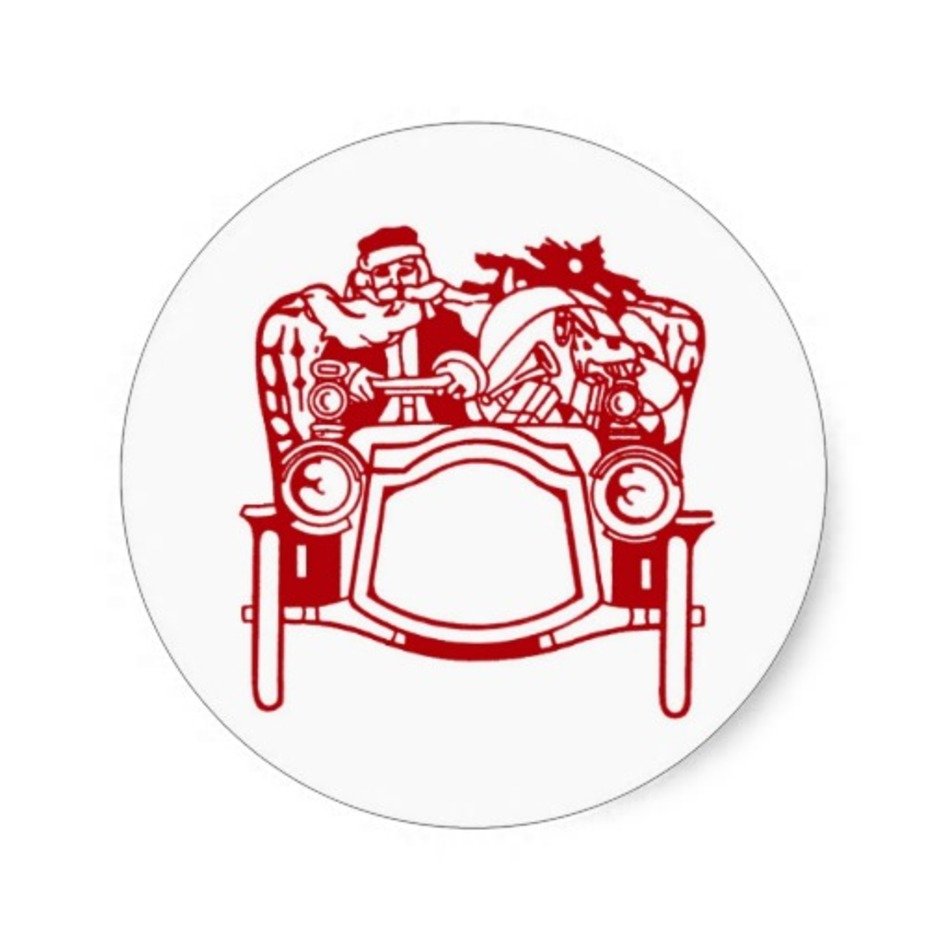 Vintage Christmas Clip Art Santa In Automobile Classic Round Sticker vintage-christmas-clip-art-santa-in-automobile-classic-round-sticker