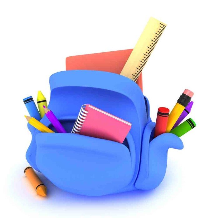 School supplies in blue Bag