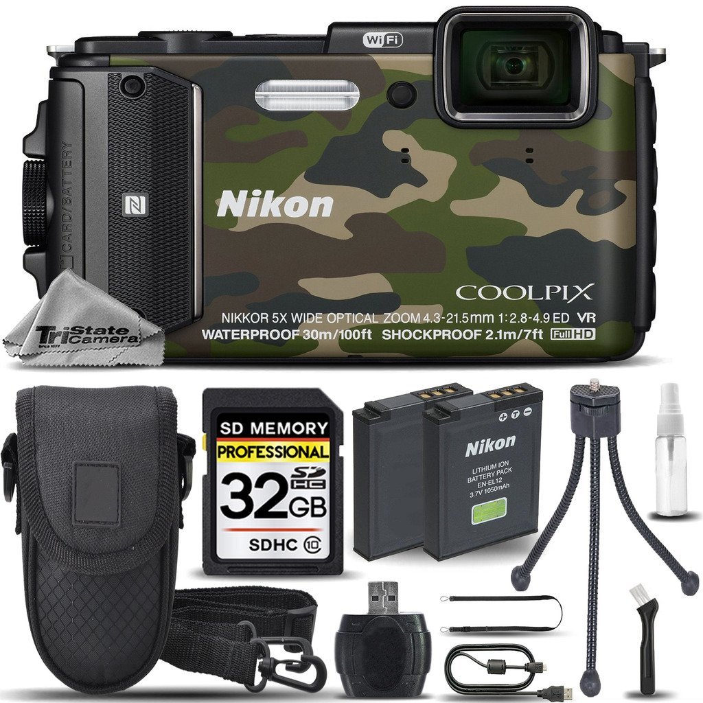 Nikon Coolpix Aw130 16mp Waterproof Digital Gps Camera Camouflage 32gb Class 10 Memory Card 5662