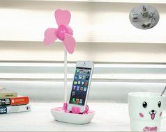 Glovion Four-leaf Clover EVA Soft Blade USB Mini Desktop Fan with Phone Holder and Ac Adapter (Pink)