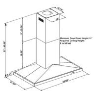 Golden Vantage 36" Island Mount LED Display Touch Control Stainless Steel Kitchen Cooking Fan Range Hood N3