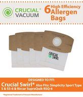 6 Crucial Swirl Micro Lined Vacuum Bags; Also Fits Simplicity Sport Type S, SS-6 &amp; Riccar SupraQuik RSQ-6; Designed...