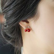1 Pair Women Girl Fashion Cute Rhinestone Red Cherry Ear Stud Earrings Gift