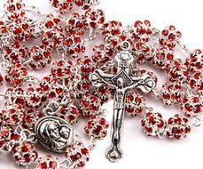 Red Zircon Crystals Beads Rosary Catholic Necklace Holy Soil Medal &amp; Crucifix N2