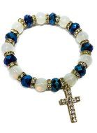 Stretchable Golden Bracelet Deep Blue Crystal Beads &amp; Zircons Cross Jerusalem N2