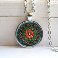 Vintage Mandala Cabochon Tibetan silver Glass Chain Pendant Necklace