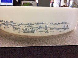 Vintage Milk Glass Glasbake 8 Inch Cake Pan J-2429 - &quot; Bygone Days&quot; Scene N2