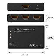 Portta PET0301DU HDMI Switch / Switcher 3 Port 3x1 v1.3 with 1.5 ft Pigtail support 3D 1080p