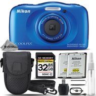 Nikon COOLPIX S33 Digital Waterproof &amp; Freezeproof Full HD 1080p Camera (Blue) + 32GB Class 10 Memory Card + Backup... N3