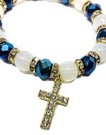 Stretchable Golden Bracelet Deep Blue Crystal Beads &amp; Zircons Cross Jerusalem N3