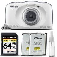 Nikon COOLPIX S33 Digital Waterproof &amp; Freezeproof Full HD 1080p Camera (White) + 64GB Class 10 Memory Card+ Backup... N2