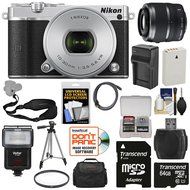 Nikon 1 J5 Wi-Fi Digital Camera &amp; 10-30mm Lens (Silver) with 30-110mm VR Zoom Lens + 64GB Card + Battery + Charger...