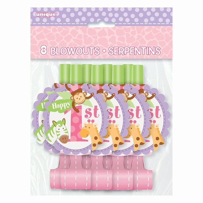 Pink Safari First Birthday Party Blowers, 8ct N35