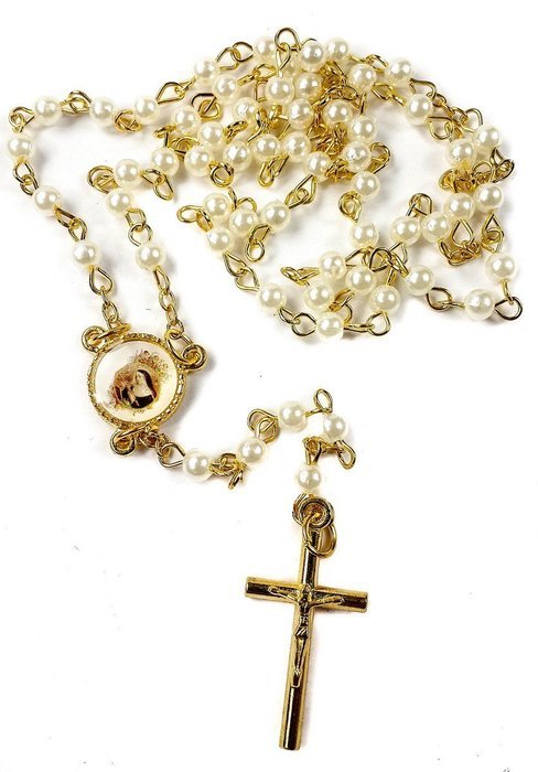 Saint Rita Da Cascia Rosary Pearl White alike Beads Blessed Prayer Medal & Cross
