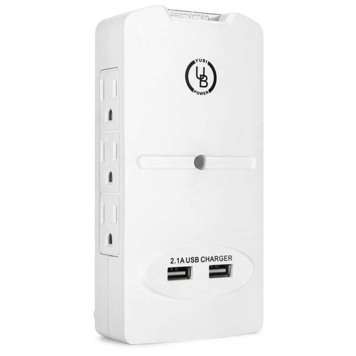 Yubi Power 6 Outlet Power Plug Surge Protector Wall Tap Side-entry with 2 USB Ports 2.1A 300 Joules - White -... N3