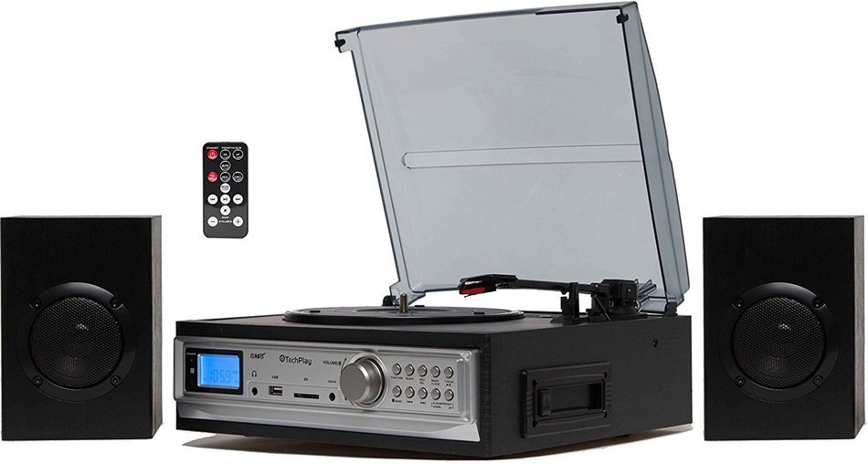 TechPlay ODC194 BK, 3-Speed Turntable & Cassett player W/SD USB, MP3 Encoding System and AM/FM Stereo Radio, with...
