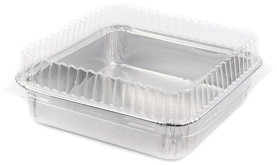 Foil Mini Cake Pans Square 4 1/8 X 4 1/8 Disposable Foil with Plastic Lid for Pastries, 10 Sets. N2
