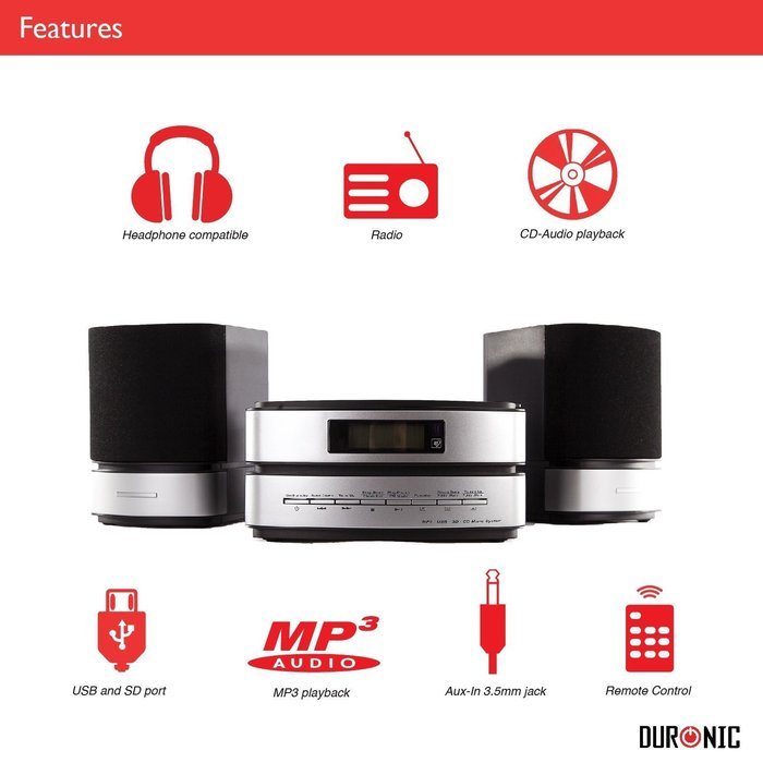 Duronic RCD144 Micro Hi-Fi Audio System with CD/MP3 CD/USB/AM/FM Radio/SD Card/Remote Control/AUX N6