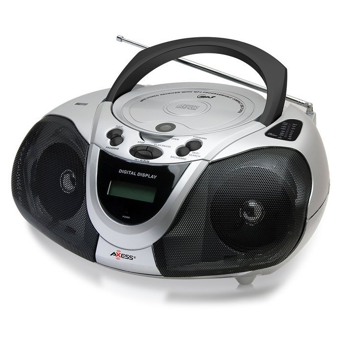 Axess PB2706 Portable Boombox MP3/CD Player with Text Display, AM/FM Stereo and USB/AUX Inputs - Black