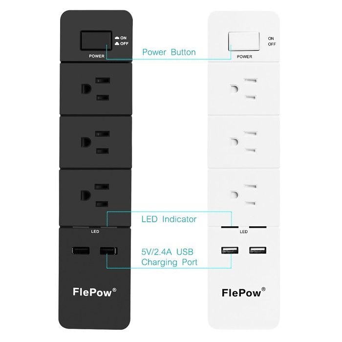 FlePow 1250W/10A 3-Outlet Power Strip with 3 USB Charging Ports N2