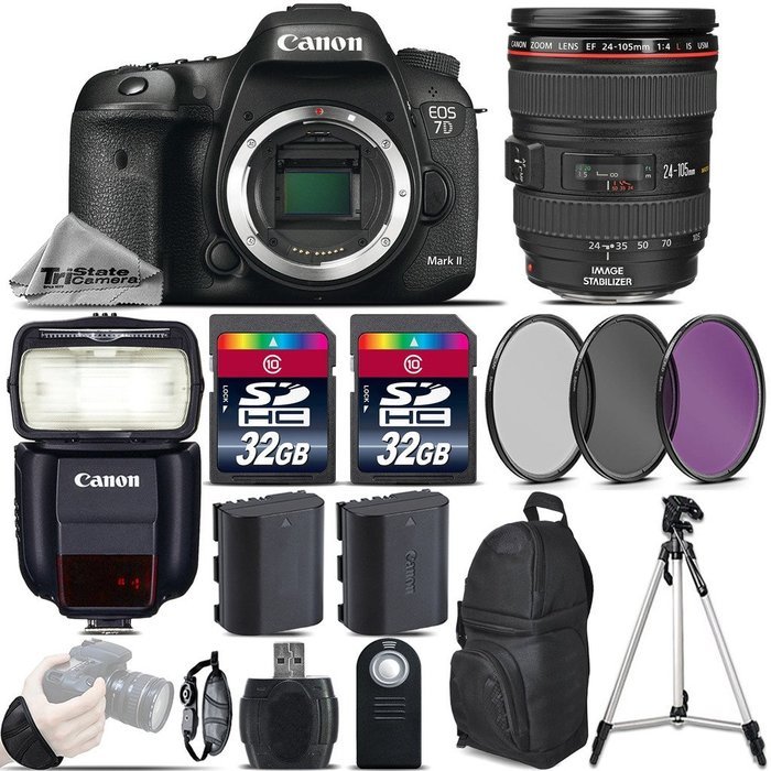 Canon EOS 7D Mark II DSLR Built-In GPS Camera + Canon 24-105mm IS USM Lens + Speedlite 430EX III RT + 64GB Storage...