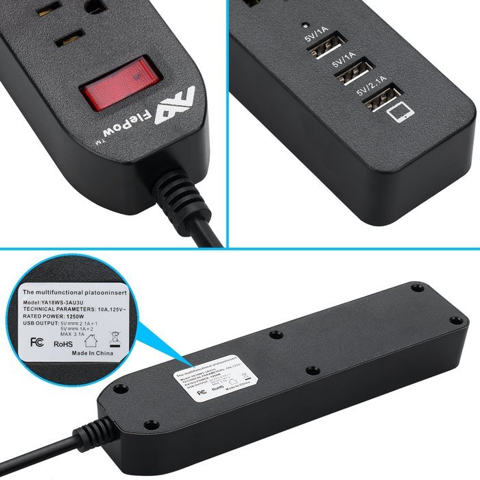 FlePow 1250W/10A 3-Outlet Power Strip with 3 USB Charging Ports N5