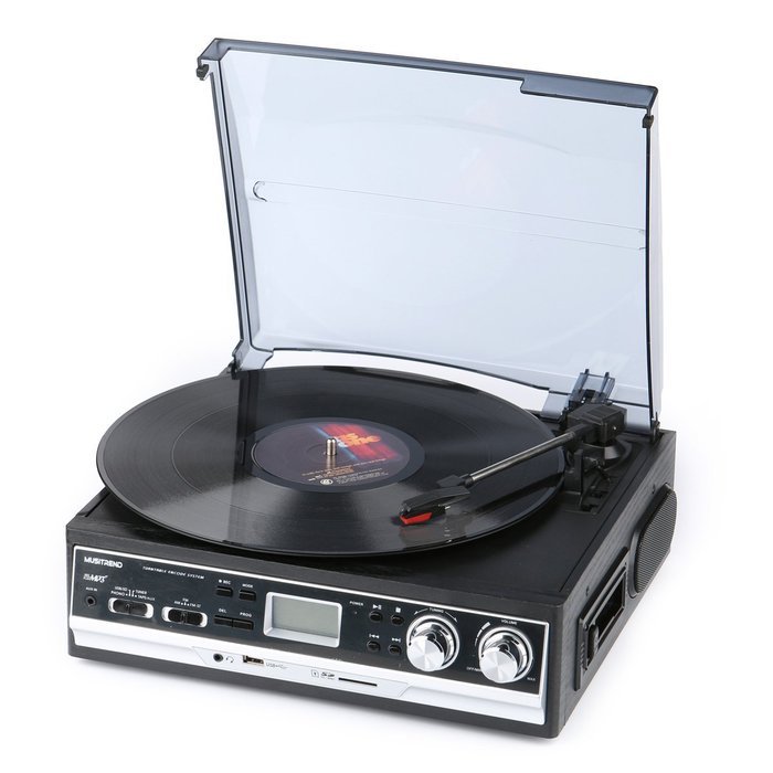 Record Player Musitrend Belt Drive 3 Speed Turntable with LCD Display Supports USB/SD encoding to MP3, Cassette...