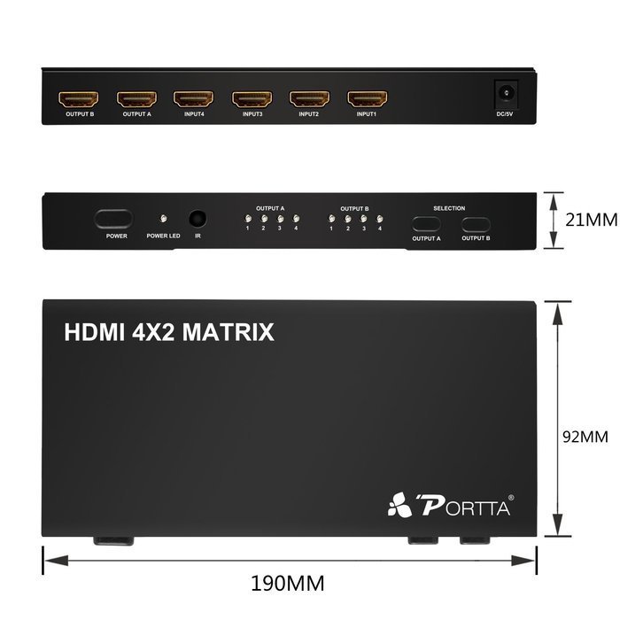 Portta PET0402 HDMI 4 port 4x2 Matrix with Remote v1.3 support 3D Super Slim 1080p