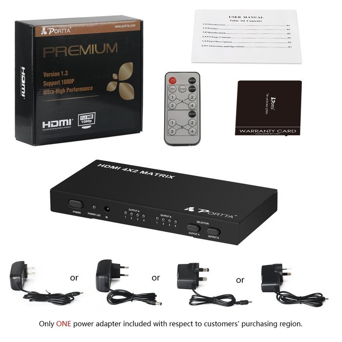 Portta PET0402 HDMI 4 port 4x2 Matrix with Remote v1.3 support 3D Super Slim 1080p N2