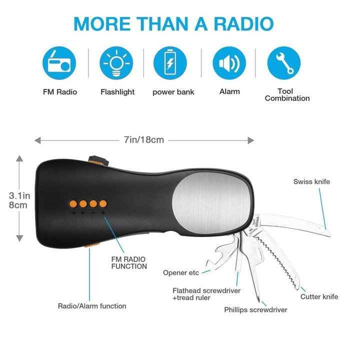 Sinvitron Hand Crank Self Powered Emergency Radio with LED Flashlight, Alarm, Swiss Knife Tool Set, Mobile Cell...