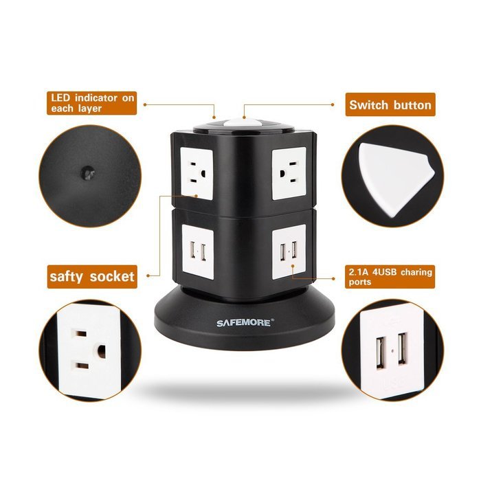 Power Strip, Safemore Smart 6-Outlet with 4-USB Surge Protection Power Socket 4000W 110-250V Worldwide Voltage... N2