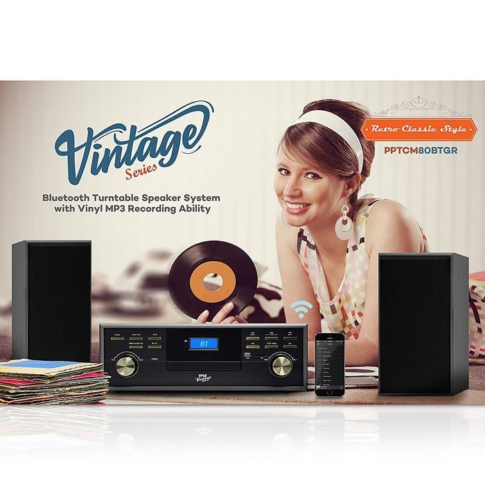 Pyle PPTCM80BTGR Vintage Retro Classic Style Bluetooth Turntable Speaker System with Vinyl/MP3 Recording N3
