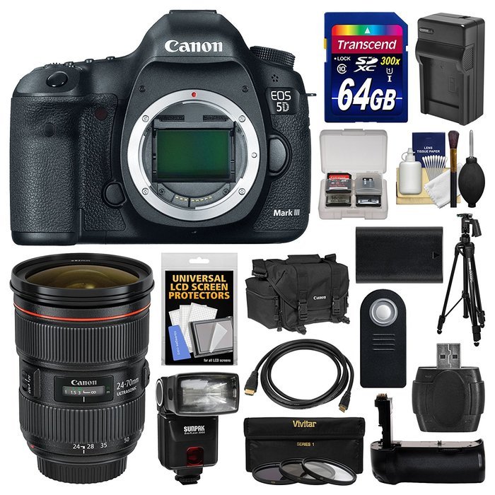Canon EOS 5D Mark III Digital SLR Camera Body with 24-70mm f/2.8 L Lens + 64GB Card + Case + Flash + Battery/Charger...
