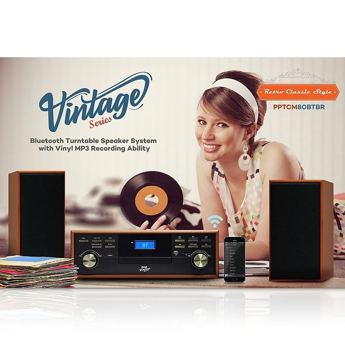 Pyle PPTCM80BTGR Vintage Retro Classic Style Bluetooth Turntable Speaker System with Vinyl/MP3 Recording N5