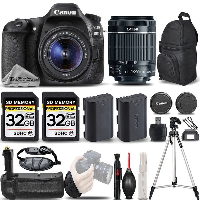 Canon EOS 80D Wi-Fi Full HD 1080P Digital SLR Camera + Canon 18-55mm IS STM Lens + Battery Grip + Extra Battery...