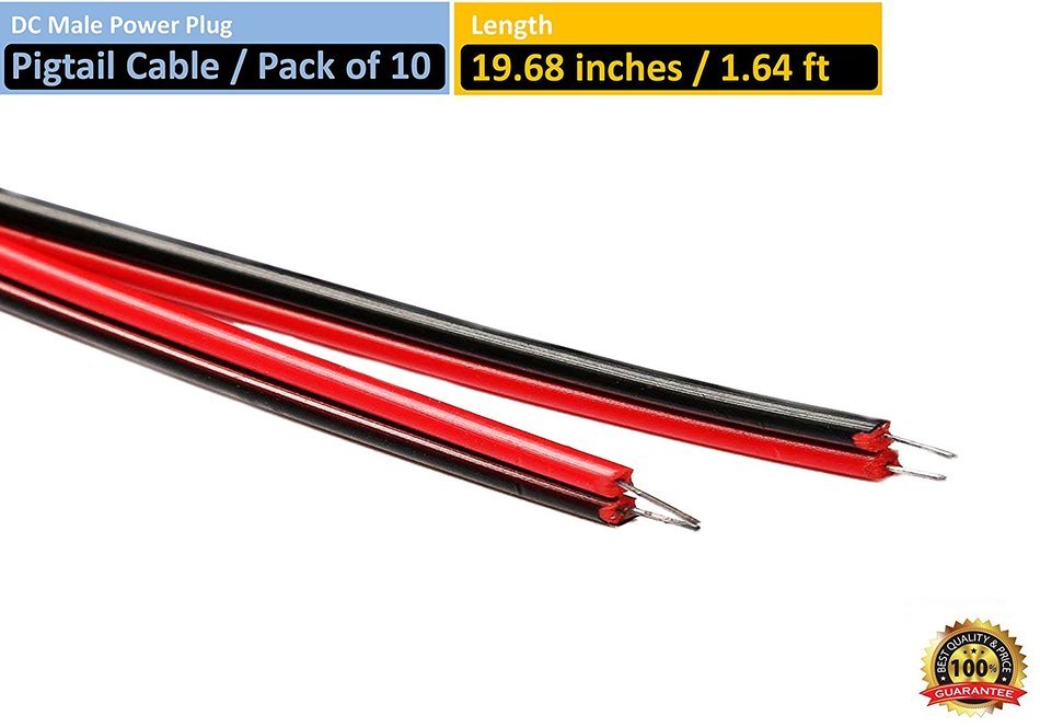 VIEWISE CCTV Security Camera DC Male Power Plug Pigtail Cable, Pack of 10 (Black/Red) N3