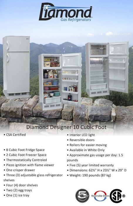 New Diamond Designer 10 Cu Ft Gas LP Propane White Top Freezer Refrigerator
