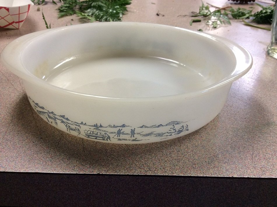 Vintage Milk Glass Glasbake 8 Inch Cake Pan J-2429 - " Bygone Days" Scene