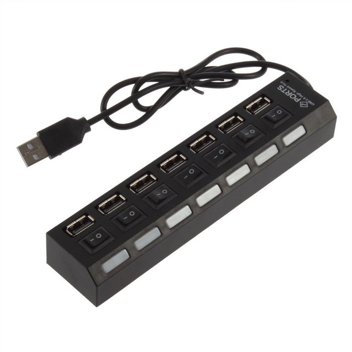 RioRand&reg; Mini Black 7Port USB 2.0 High Speed HUB ON/OFF Sharing Switch New