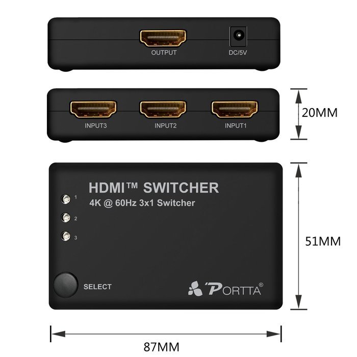 Portta PET0301DU HDMI Switch / Switcher 3 Port 3x1 v1.3 with 1.5 ft Pigtail support 3D 1080p