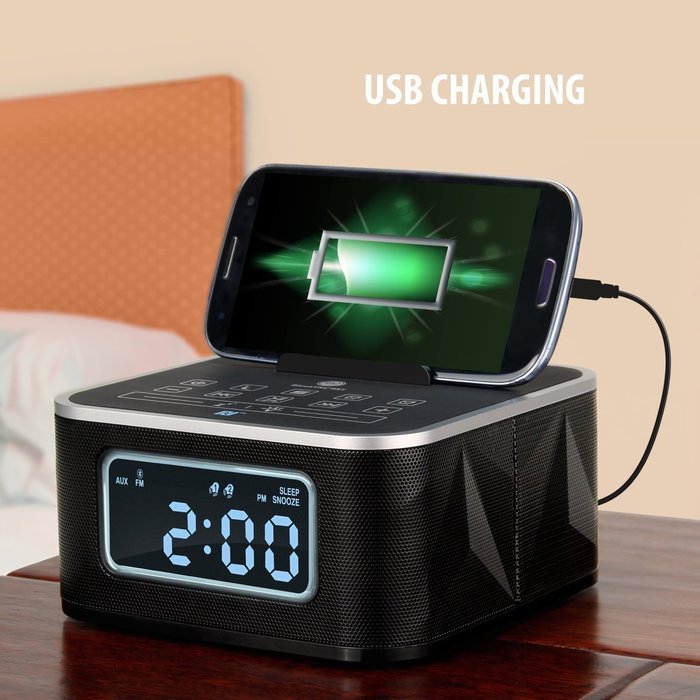 Gogroove Compact All in One Bluetooth Wireless Dual Alarm Clock Radio with Large Easy to Read Backlit LCD Display