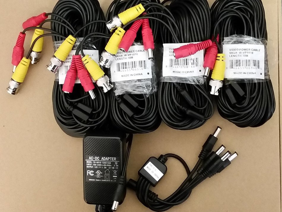 Zmodo 4 Camera A/V Cables + Power Kit (4 x W-VP1018 + 1 x PAC-1-4 + 1 x TS-A018-120015A8)