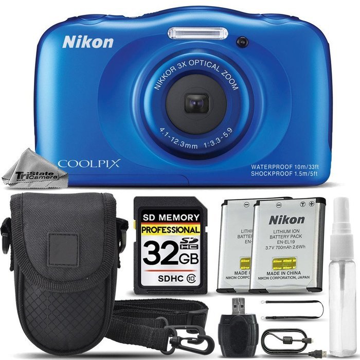 Nikon COOLPIX S33 Digital Waterproof & Freezeproof Full HD 1080p Camera (Blue) + 32GB Class 10 Memory Card + Backup... N3