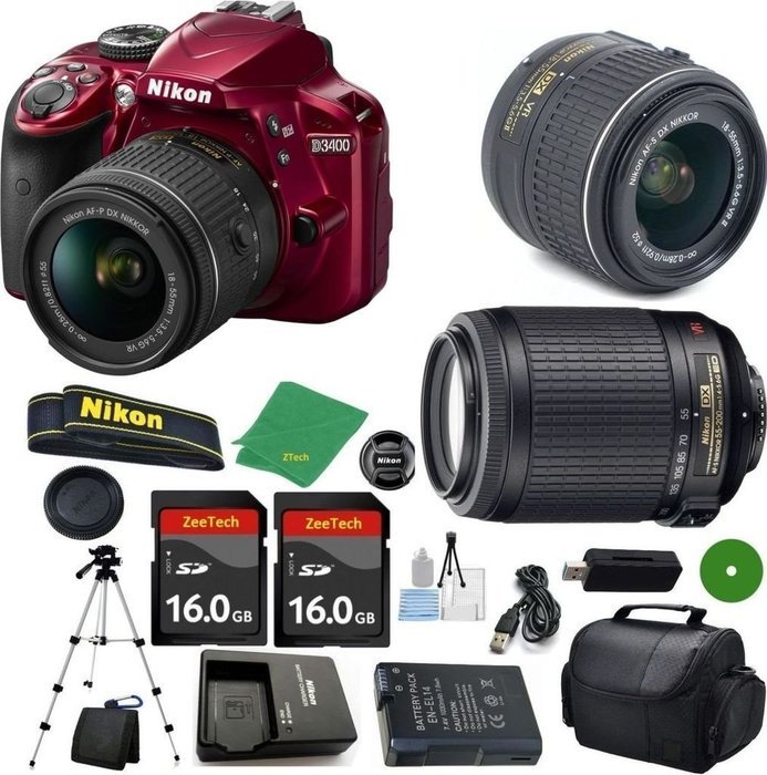Nikon D3400 Red - International Version (No Warranty), 18-55mm f/3.5-5.6 DX VR, Nikon 55-200mm f4-5.6G VR, 2pcs...