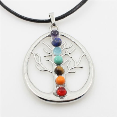 Natural Gemstones Healing Reiki 7 Chakra Moon Cross Charm Beads Pendant Necklace N14