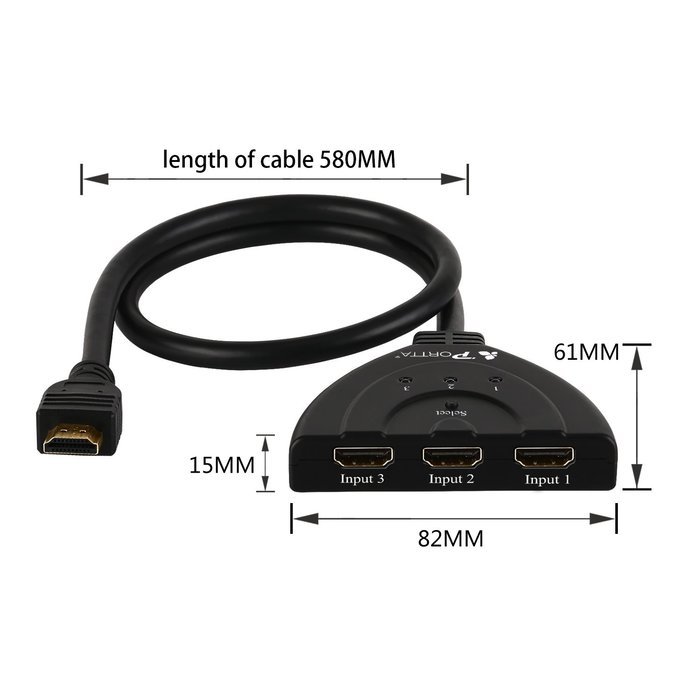 Portta PET0301DU HDMI Switch / Switcher 3 Port 3x1 v1.3 with 1.5 ft Pigtail support 3D 1080p N4