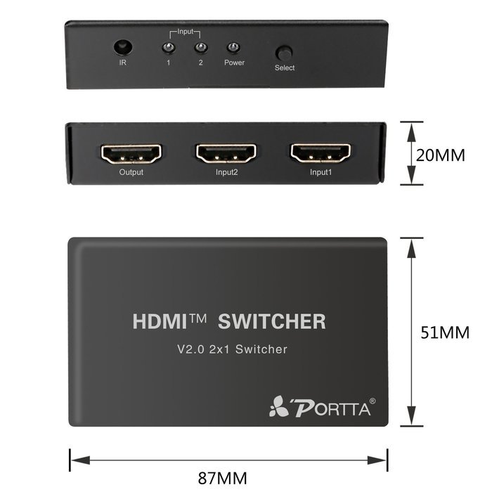 Portta PET0301DU HDMI Switch / Switcher 3 Port 3x1 v1.3 with 1.5 ft Pigtail support 3D 1080p N5